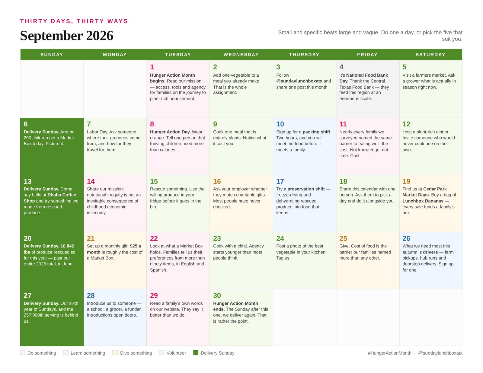 September 2026 Hunger Action Month calendar